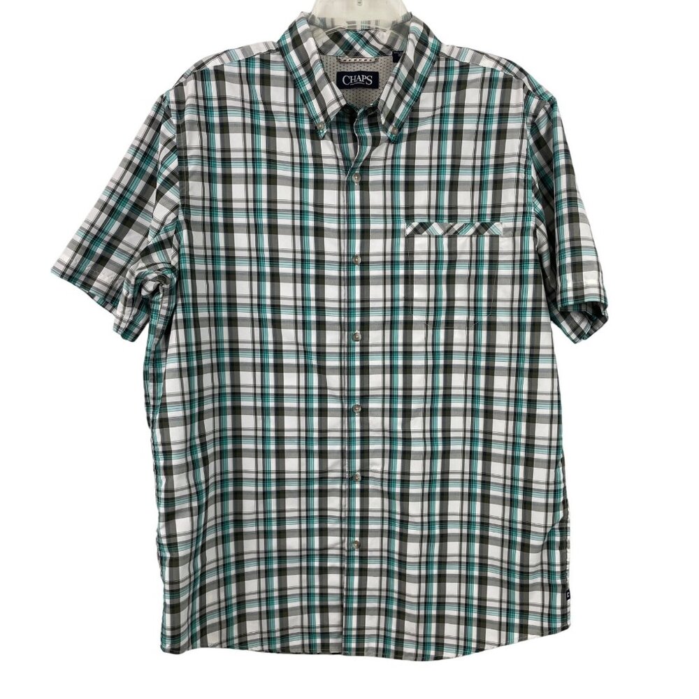 Chaps Men's Button Up Plaid Short Sleeve Shirt Size Large Teal Gray White